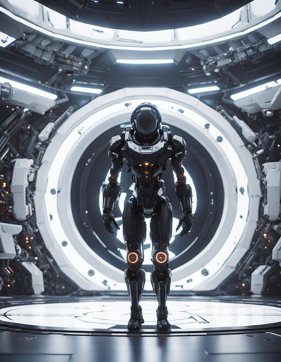 Futuristic Black Cyborg in White Space Station
