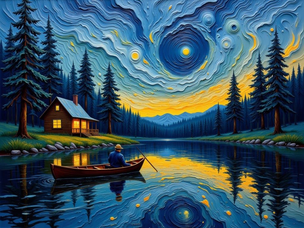 Serene Sunset Lake Scene in Van Gogh Style