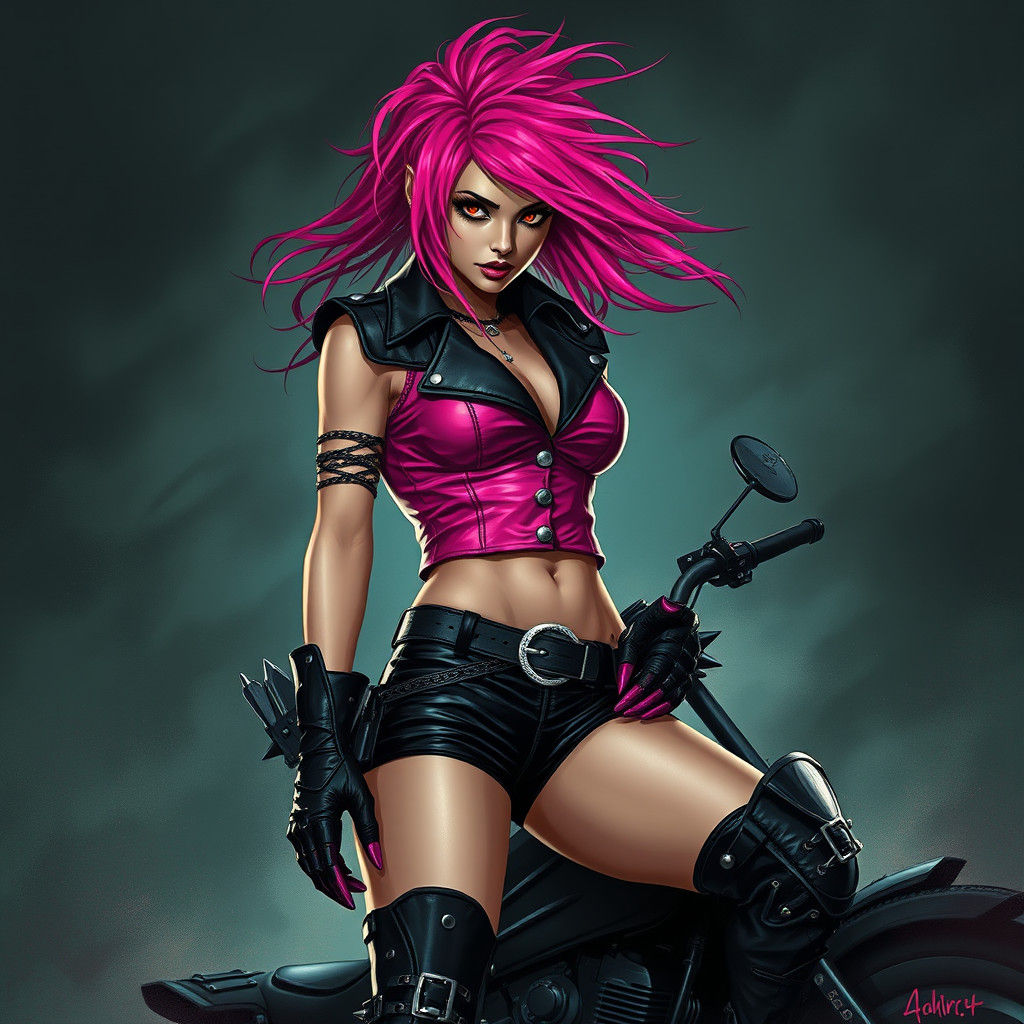 Biker Woman with Pink Hair in Dark Fantasy Style