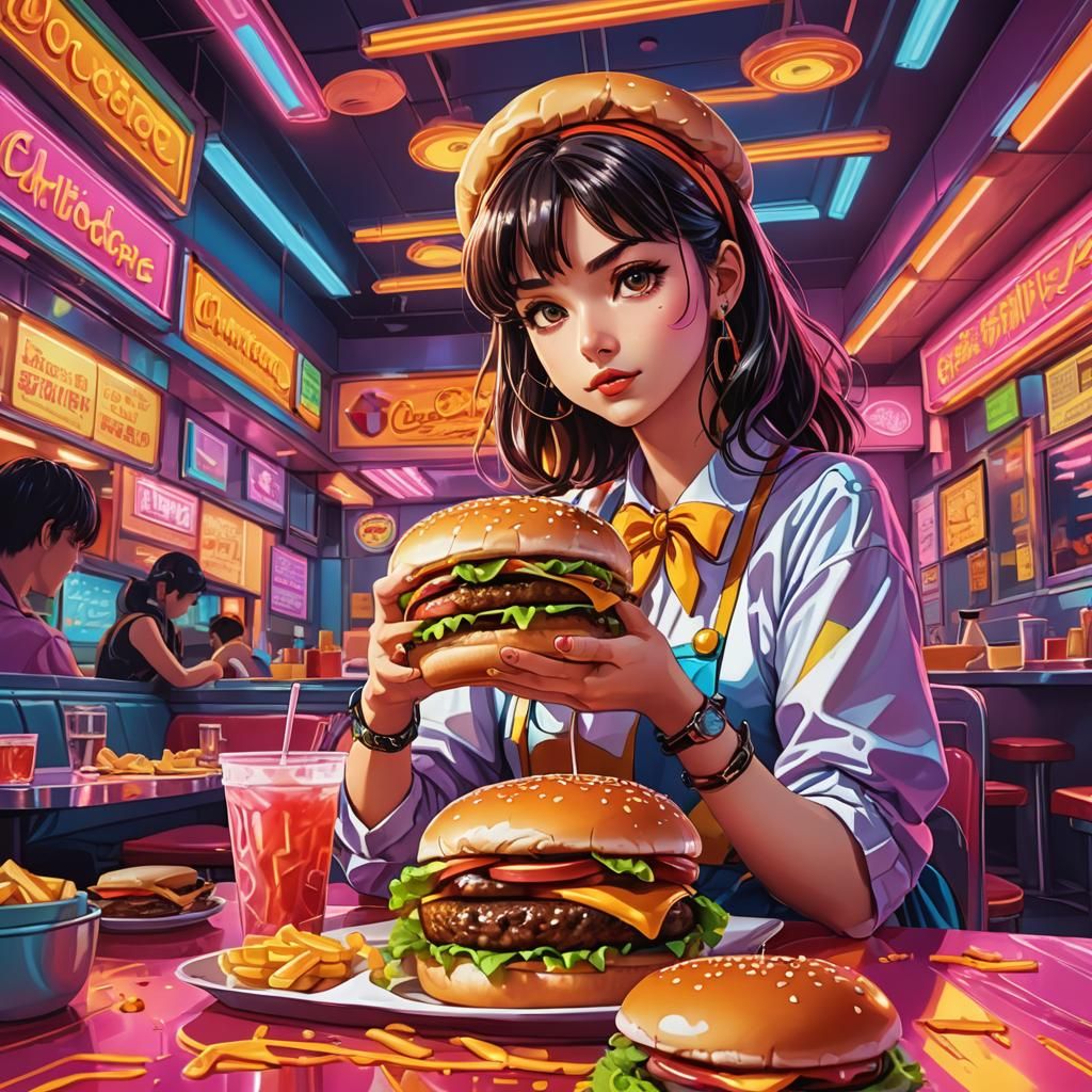 Cinematic Anime Illustration: Cheeseburger Duchess in Diner