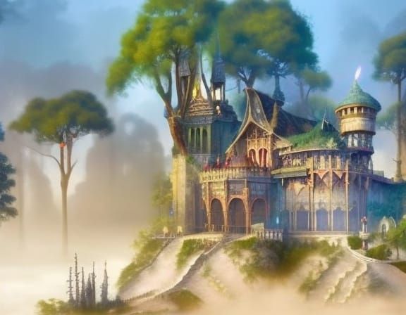 Majestic Magical Palace in Dark Fantasy Forest
