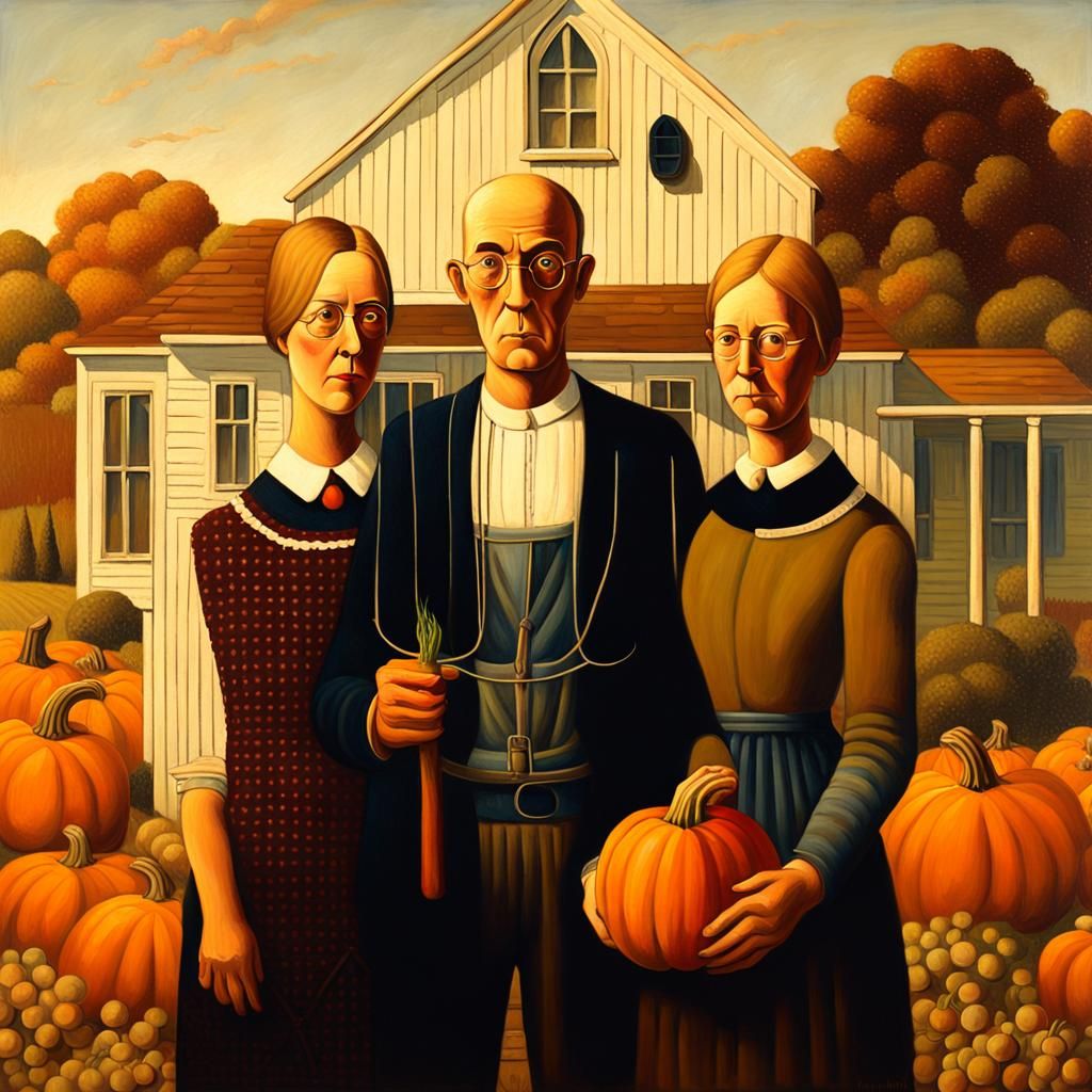 American Gothic Couple with Pumpkin, Oil Painting