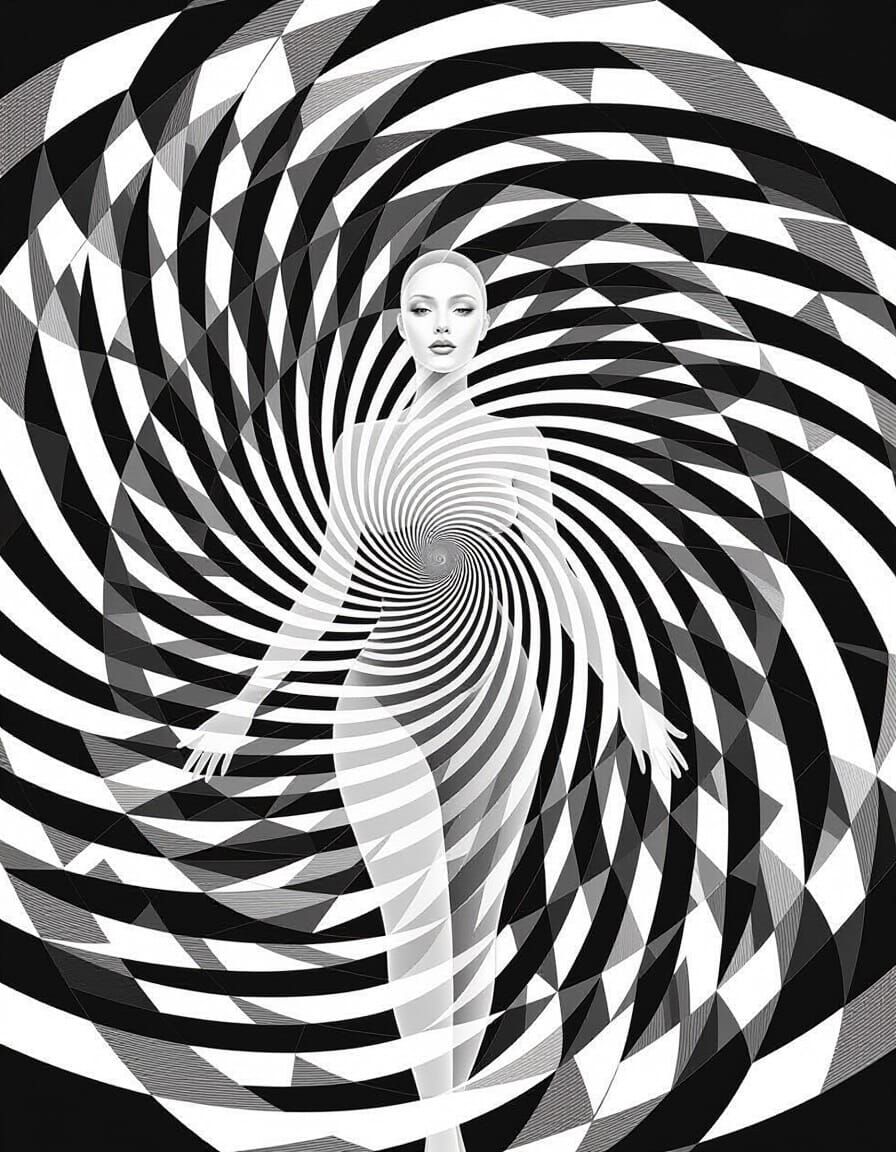 Ethereal Woman Dissolves into Hypnotic Geometric Spiral