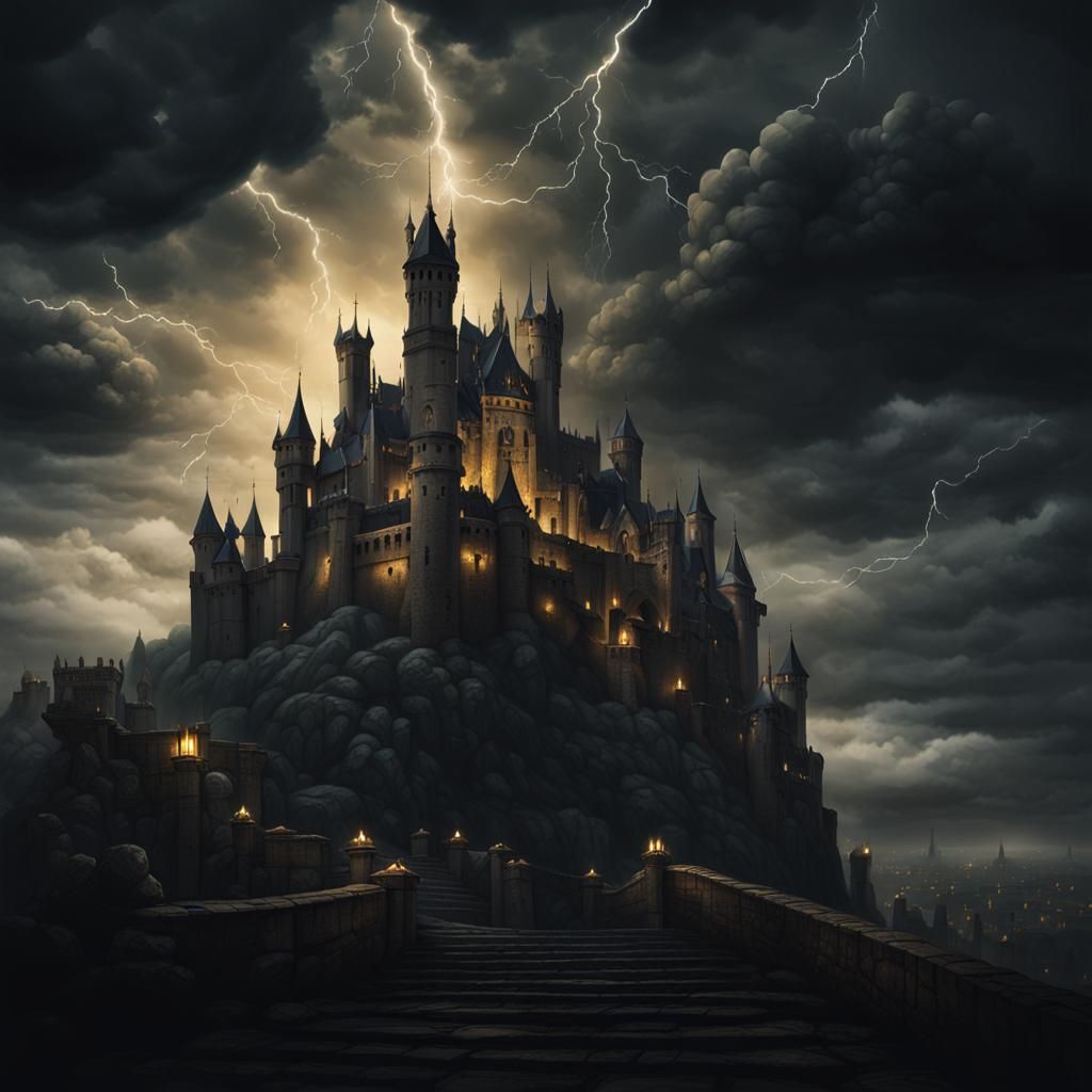 Gothic Castle Overlooking Medieval Town in Dark Fantasy Art