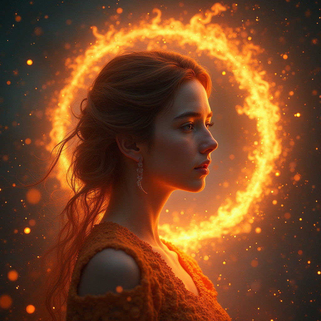 Radiant Woman in Fire Ring: Hyperrealistic Cosmic Art