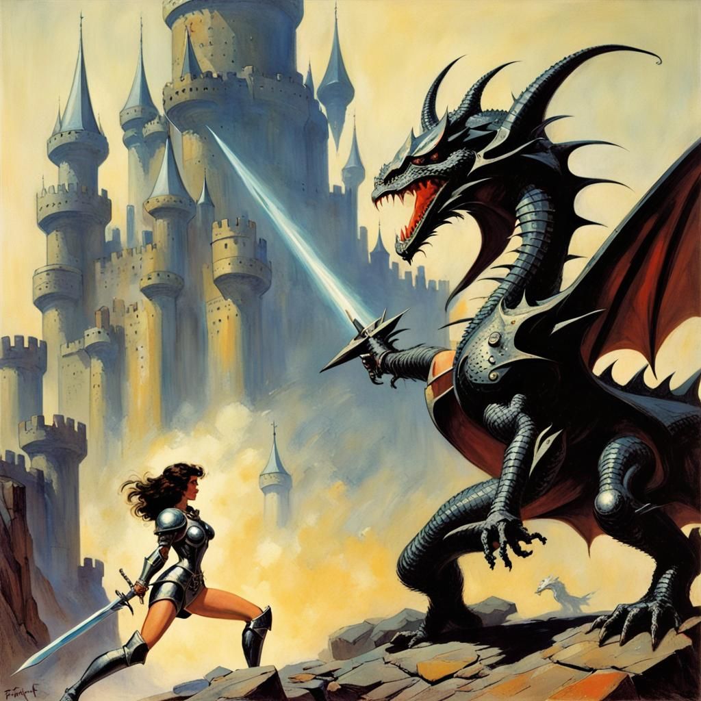 Futuristic Knight Dragon Fight in Frazetta Style
