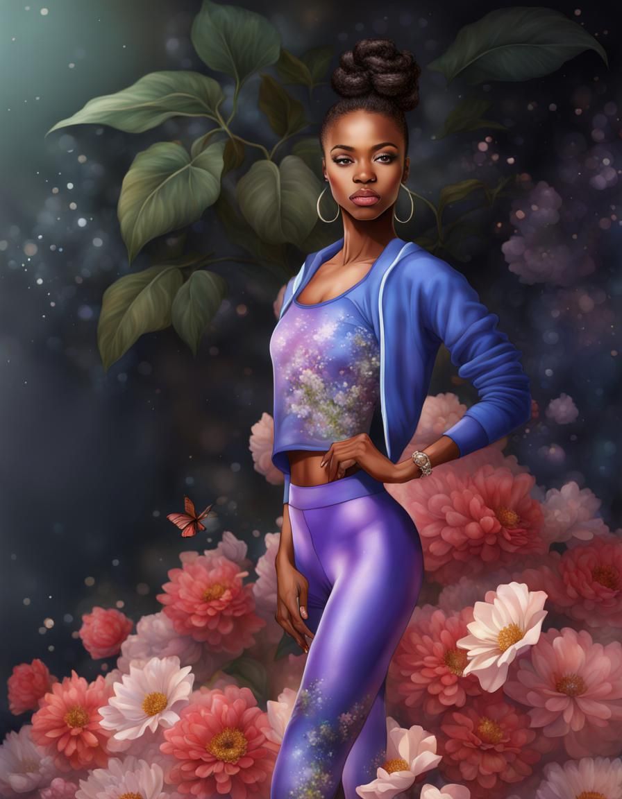 Fantasy Flowers Surround Gym-Ready African-American Woman