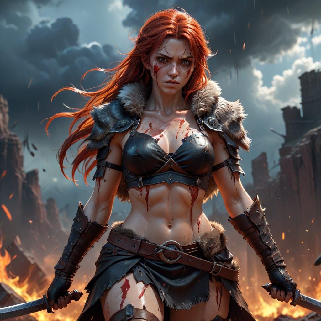 Redhead Barbarian Warrior in Battle, Dynamic Anime Art
