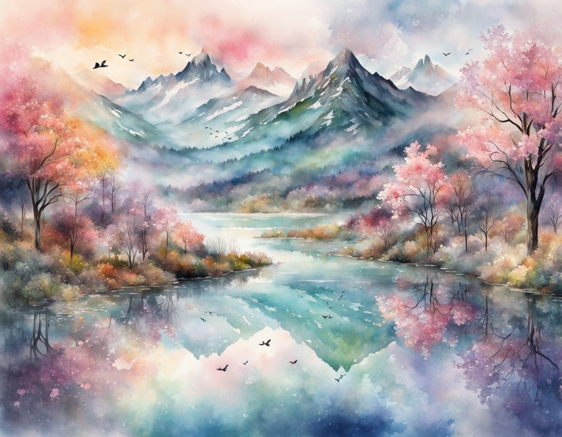 Watercolor Double Exposure Landscape with Pastel Colors