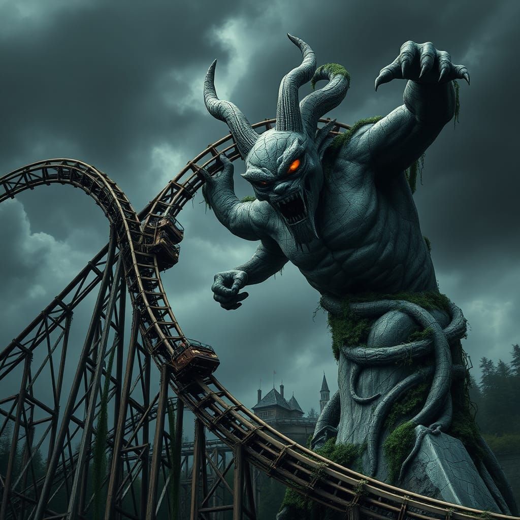 Roller Coaster Crash in Dark Fantasy Style