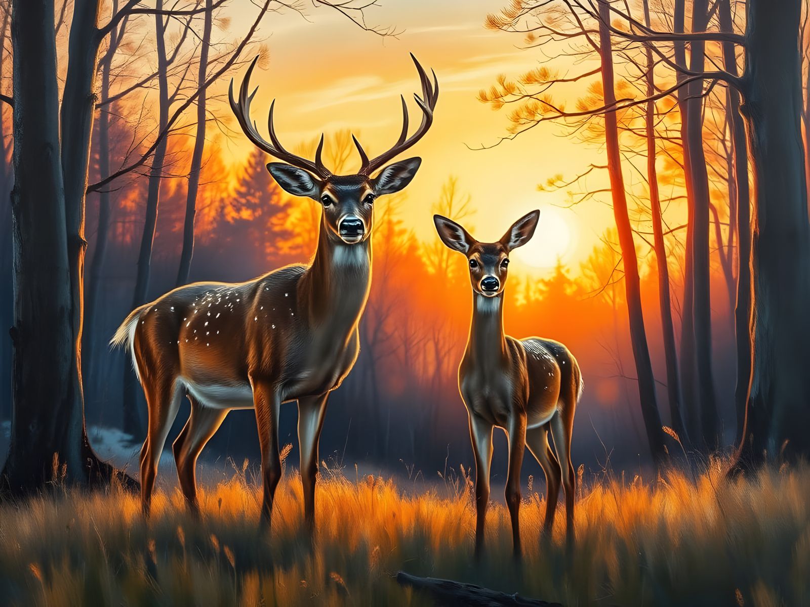 Roe Deer in a Golden Sunset, in the Style of Robert E. Fulle...