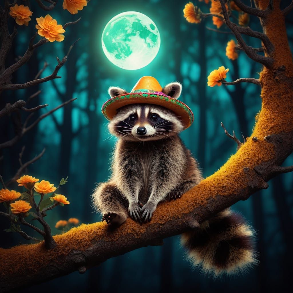 Raccoon in Sombrero Gazing at Bioluminescent Forest