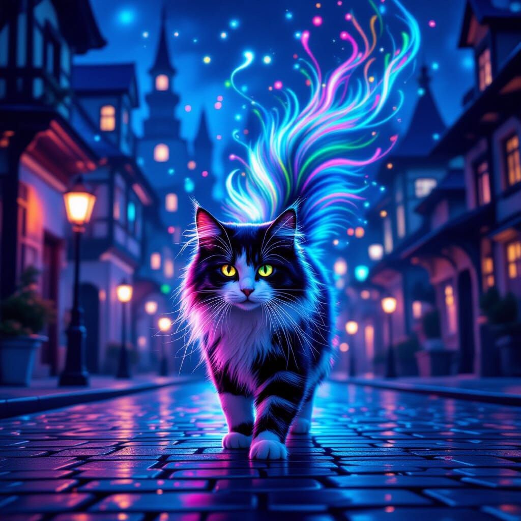 Neon multi coloured cat with whisps of colour rising into th...