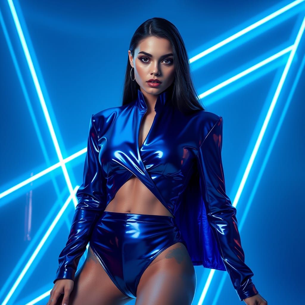 Cyberpunk Woman in Cobalt Outfit With Neon Accents
