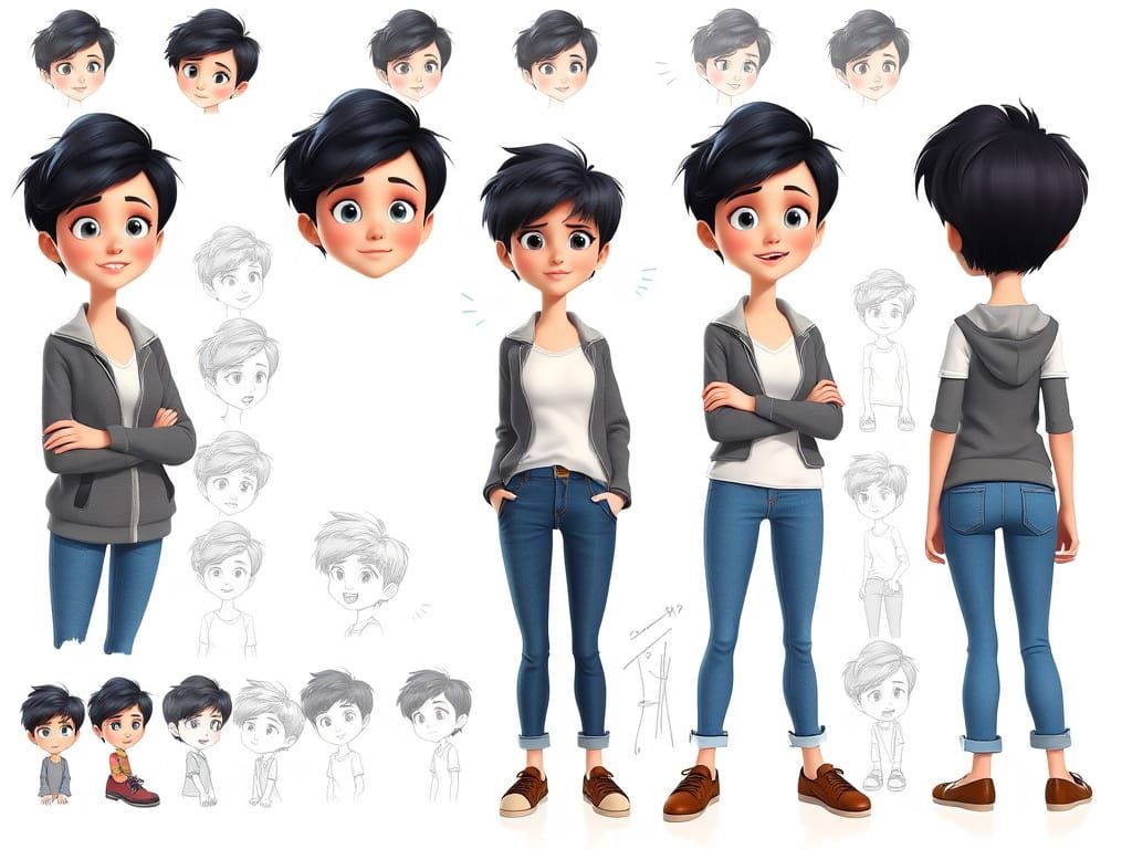 Pixar-Style Character Design Sheet: Young Woman