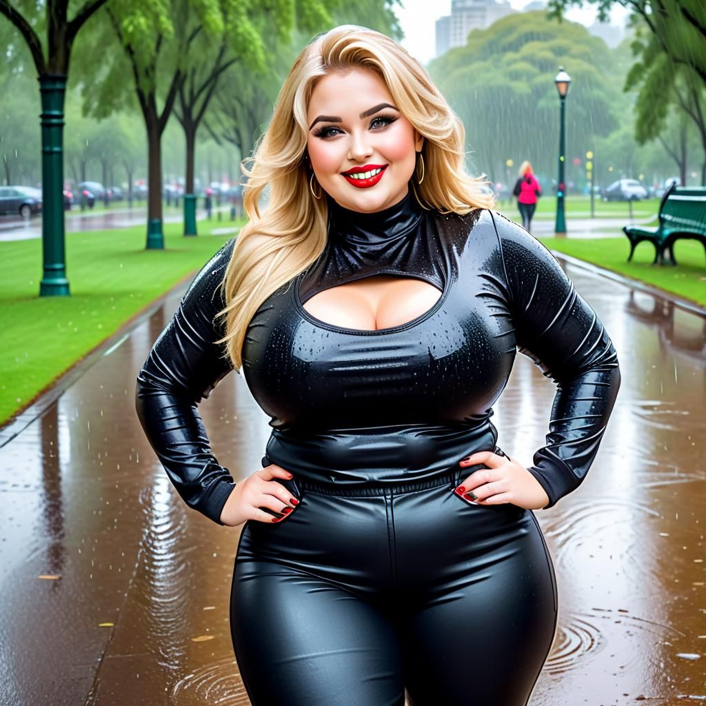 Curvy Woman Walking in the Rain in a Park