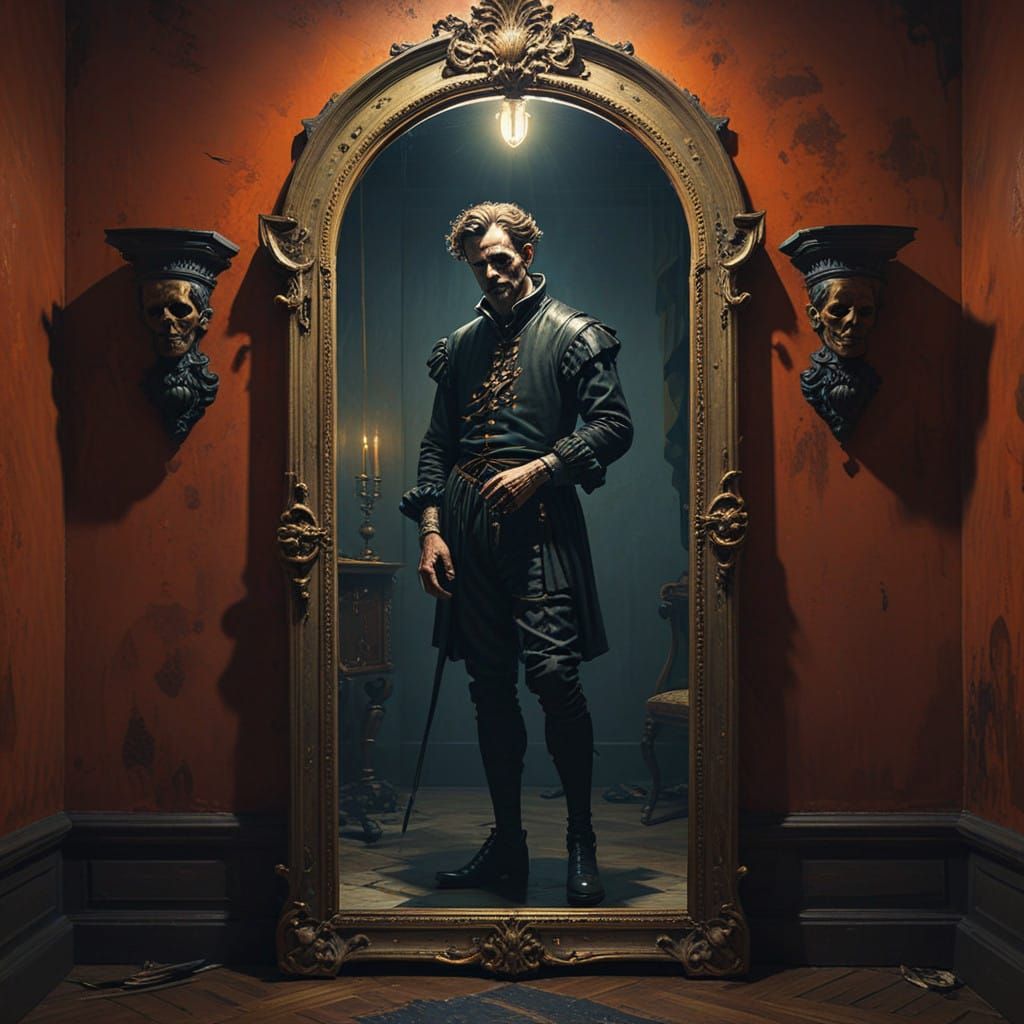 Distraught Lord Hamlet Confronts His Reflection