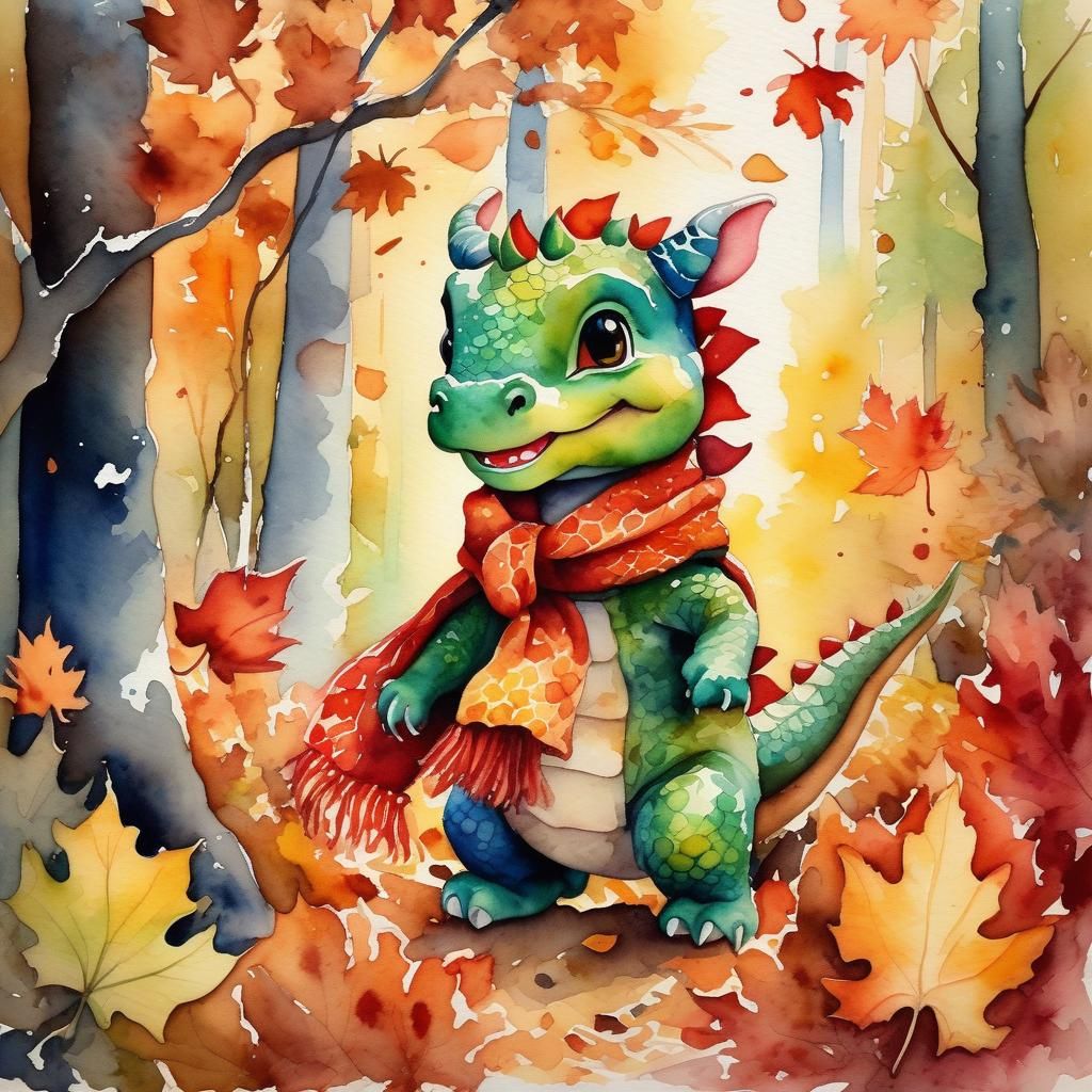Cute Dragon Scampers Through Autumn Forest: Watercolor Paint...