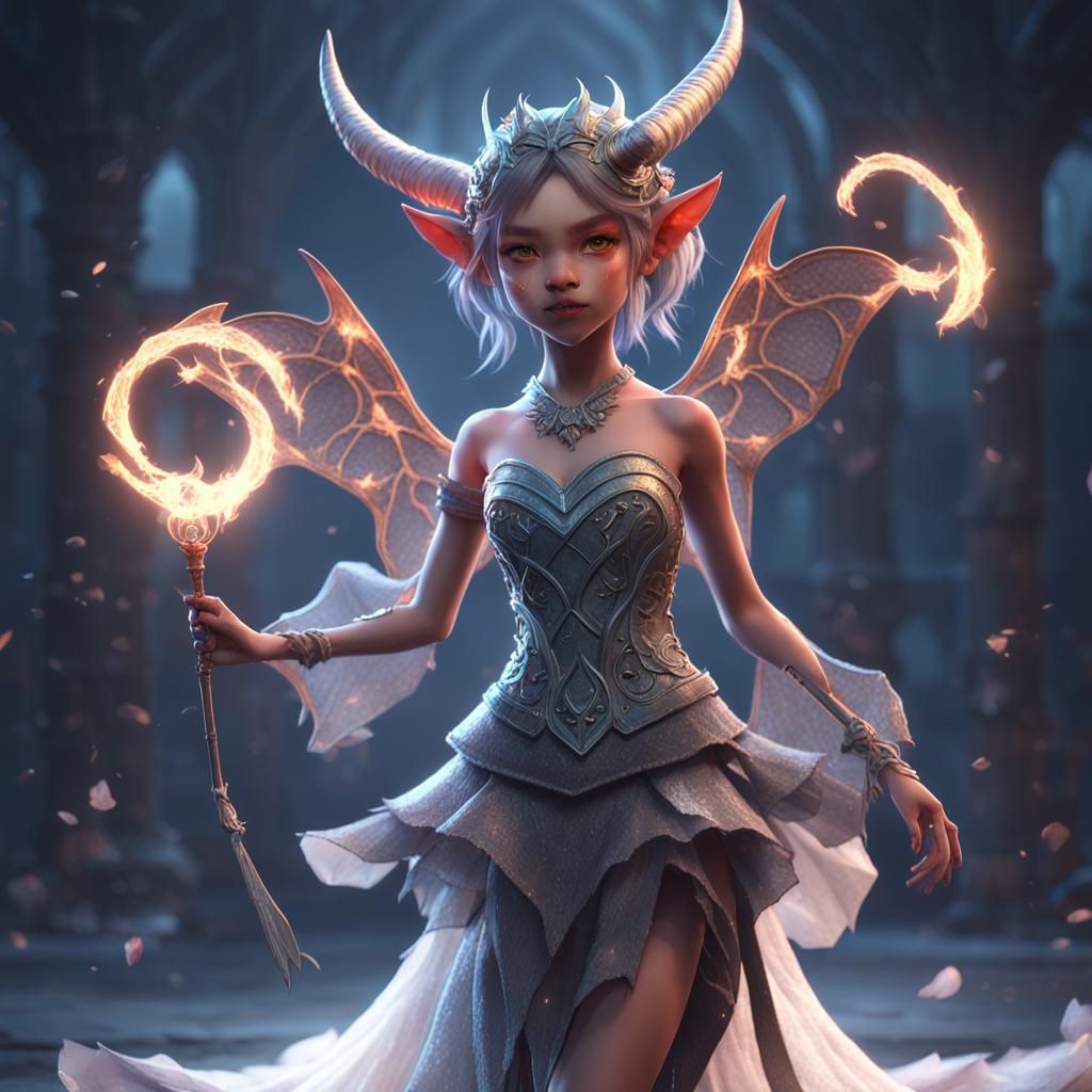 Cute Imp Demon in Strapless Dress, Digital Art