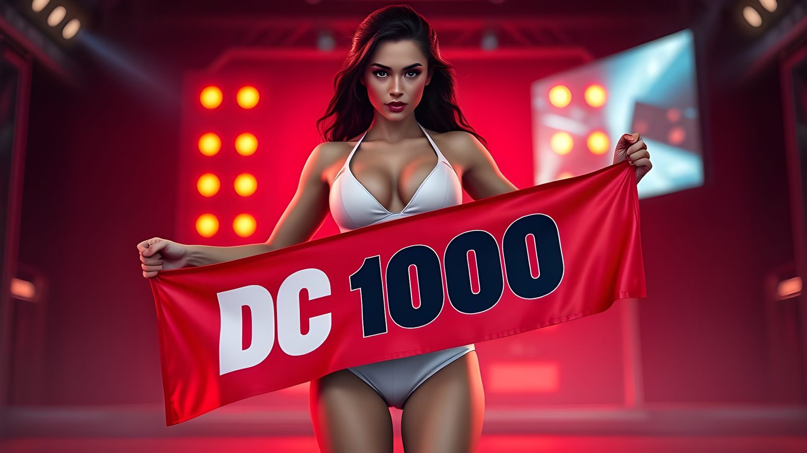 Sexy Woman with Banner in 3D Game Cinematic Style