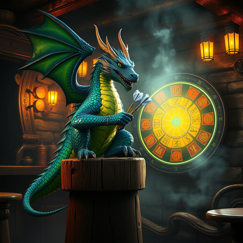 Dragon Plays Darts in Fantasy Tavern