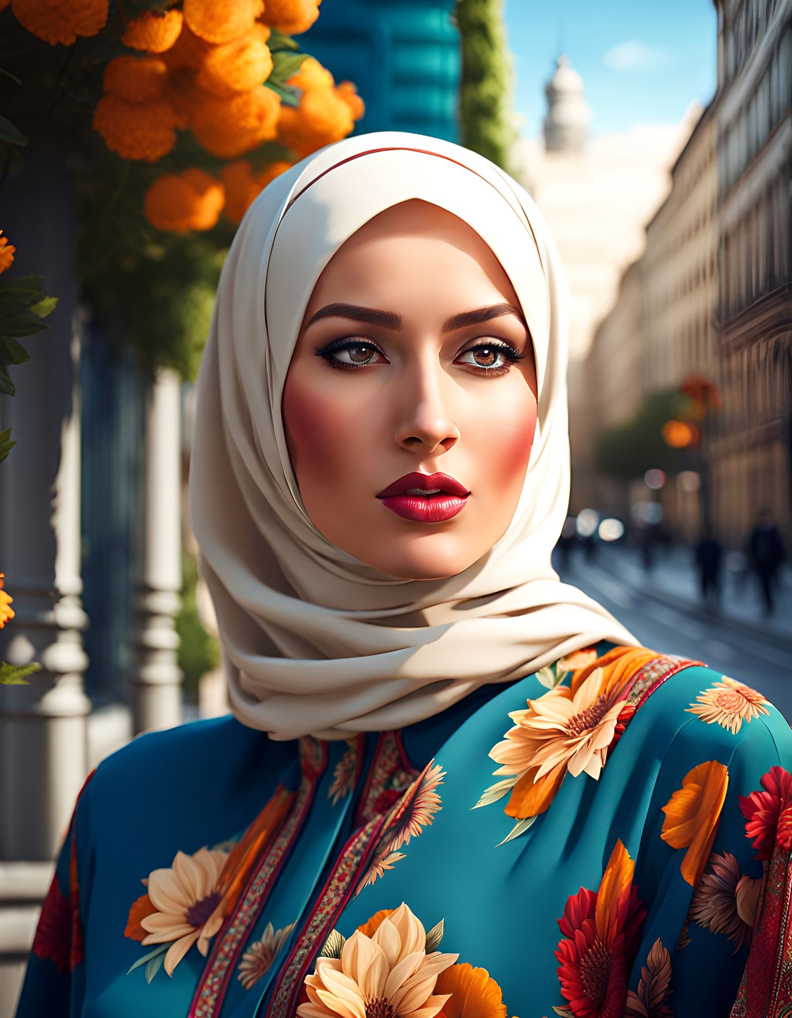 German Woman in Hijab Walking City, Digital Painting