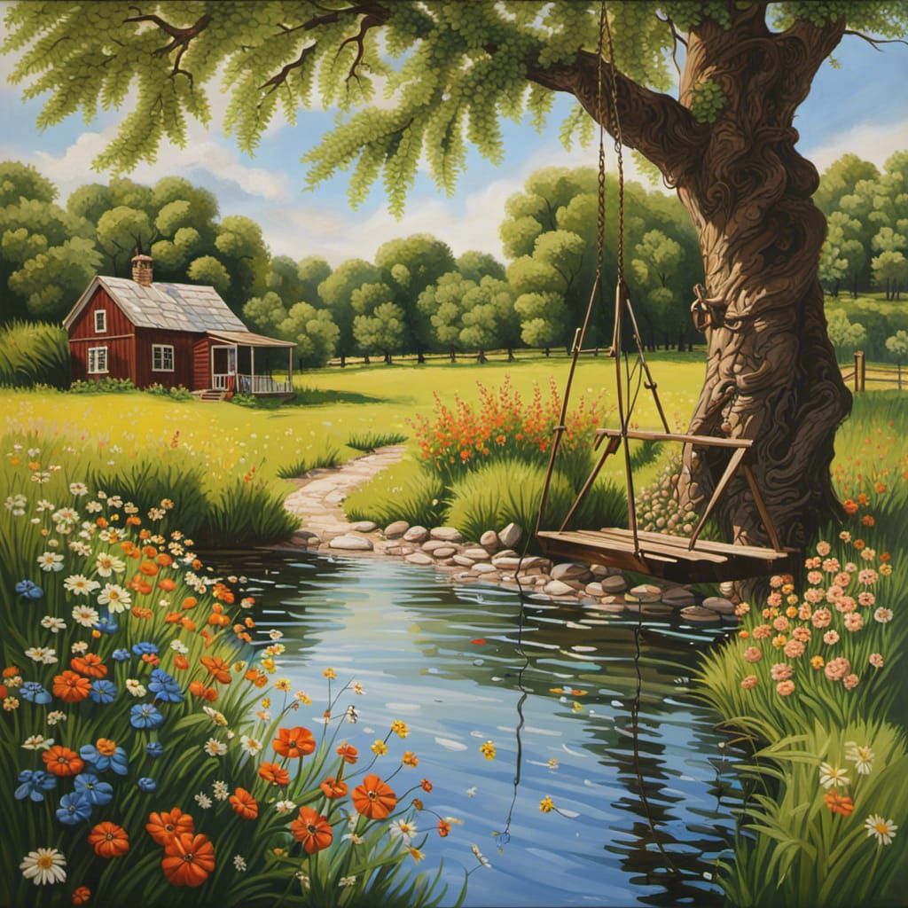 Idyllic Country Home Landscape Painting
