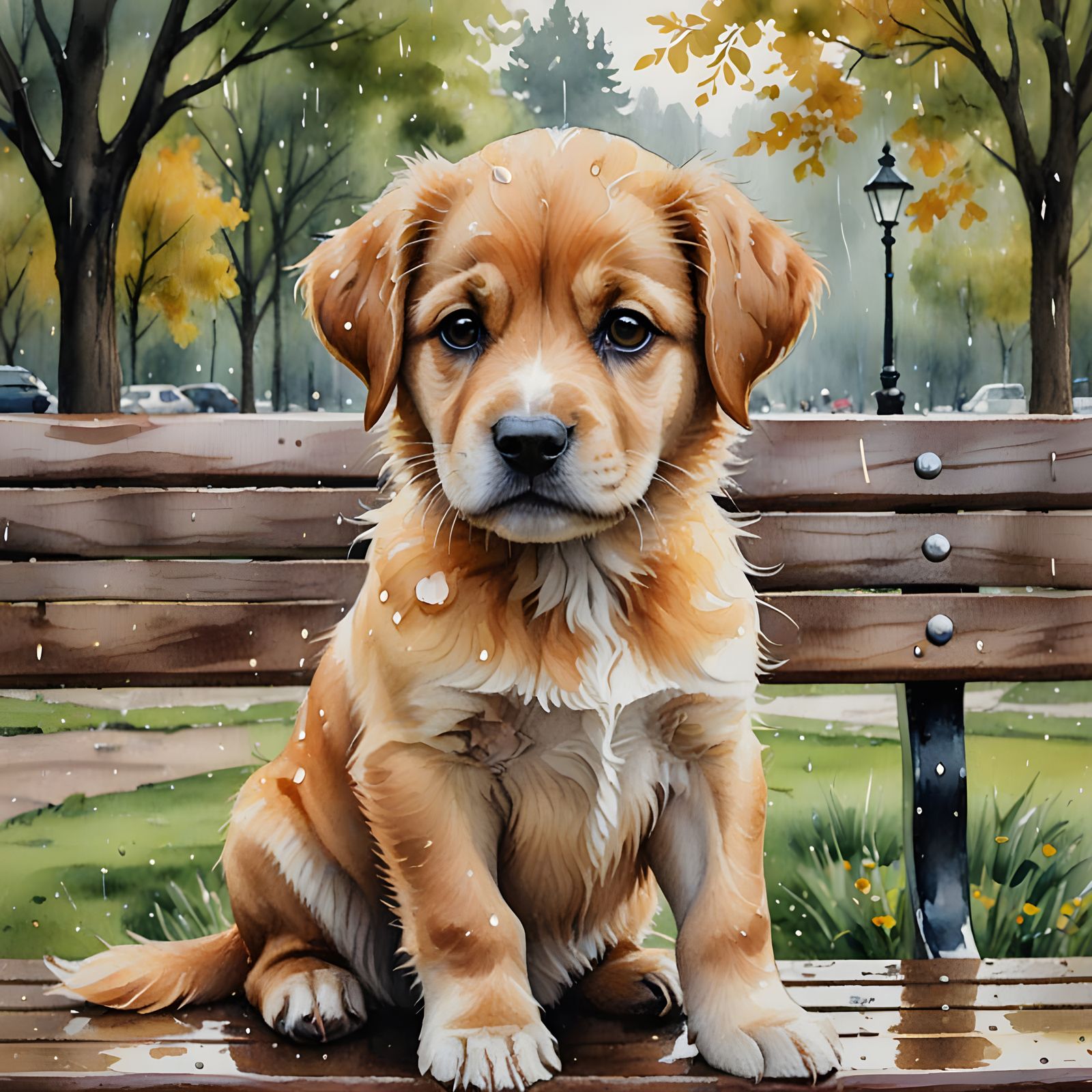 Whimsical Watercolor Portrait of a Sad, Soaking Wet Puppy