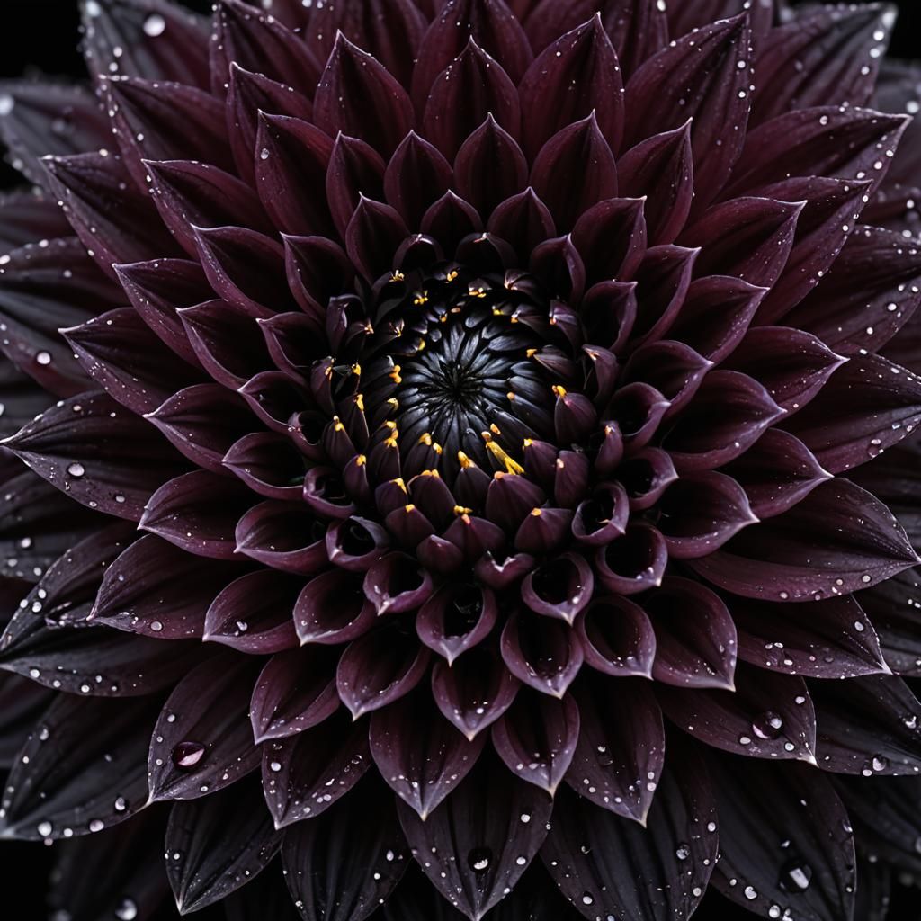Macro Photograph of a Black Dahlia with Dewdrops