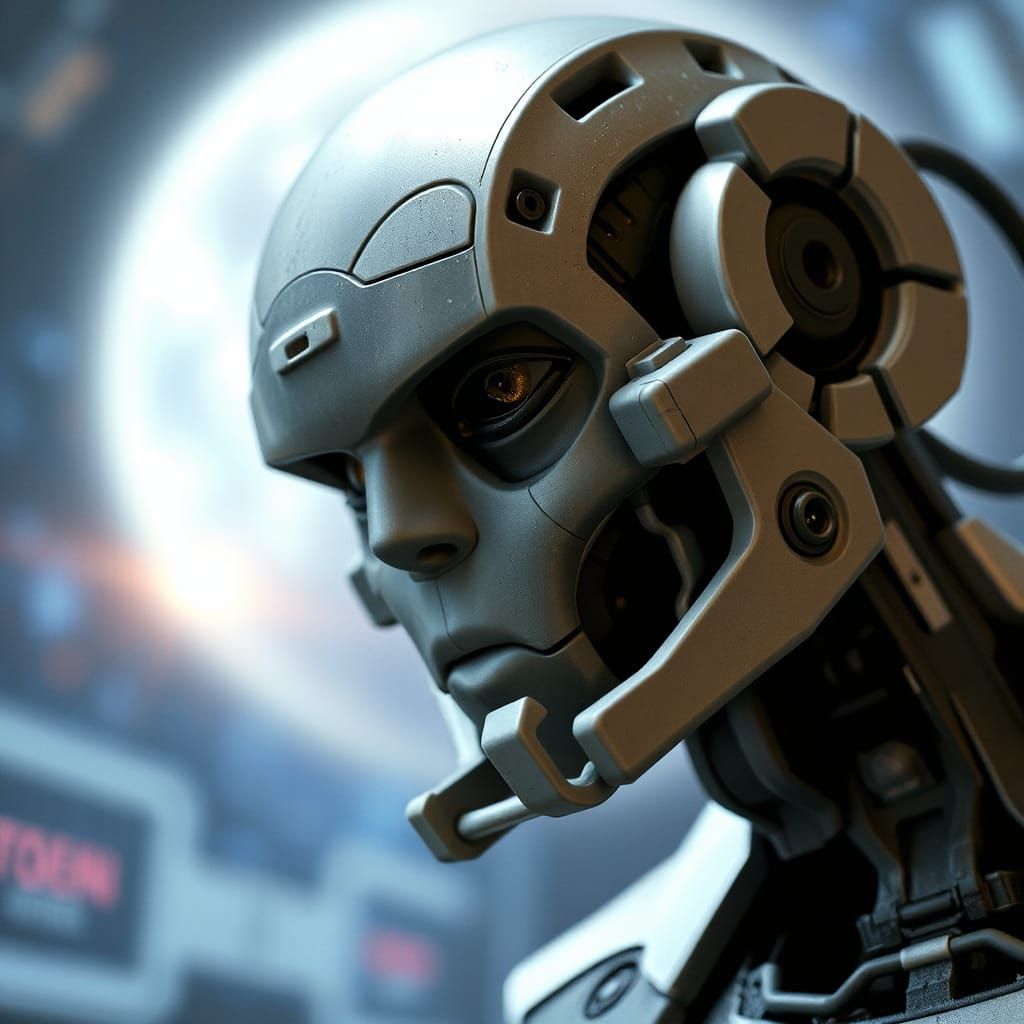 Striking Robot Head in Sci-Fi Setting
