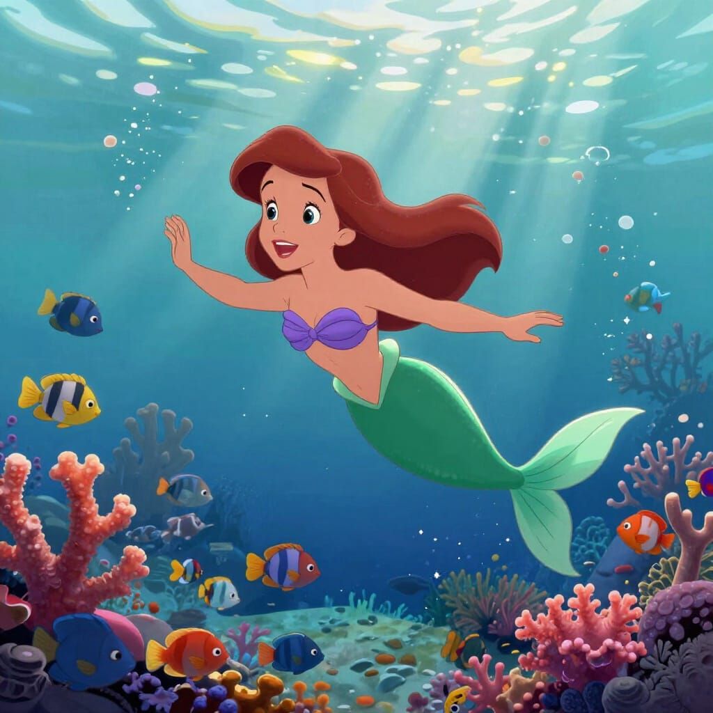 Ariel with Brown Hair Swims Through Coral Reef