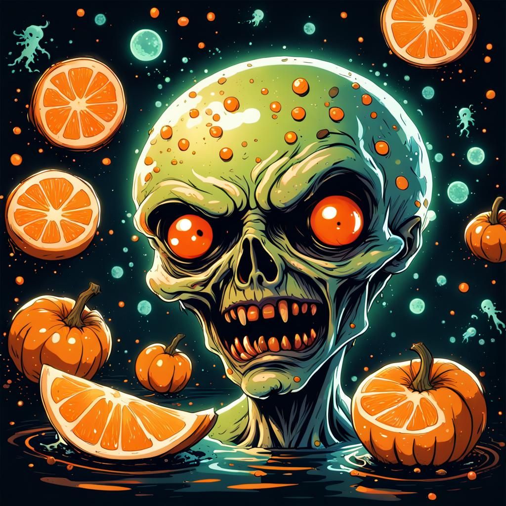 Creepy Zombie Apple with Orange Moon - Halloween Art