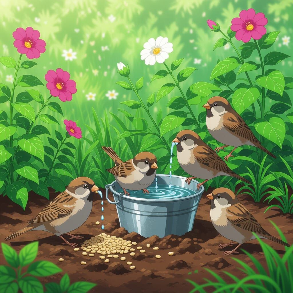 Sparrows in Lush Garden: Anime Style