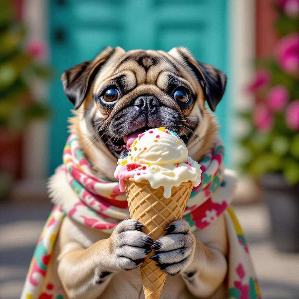 Delightful Pug Dog Enjoys Giant Ice Cream
