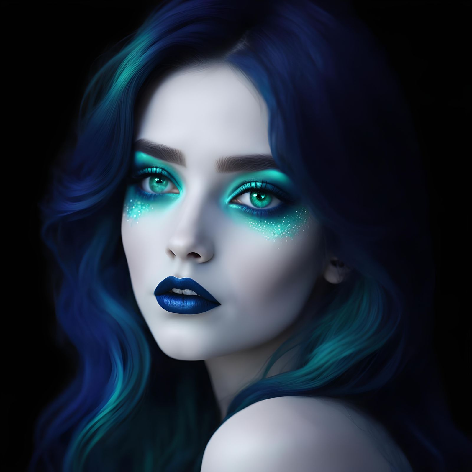 Ethereal gothic beauty with dark blue wavy hair with dark te...