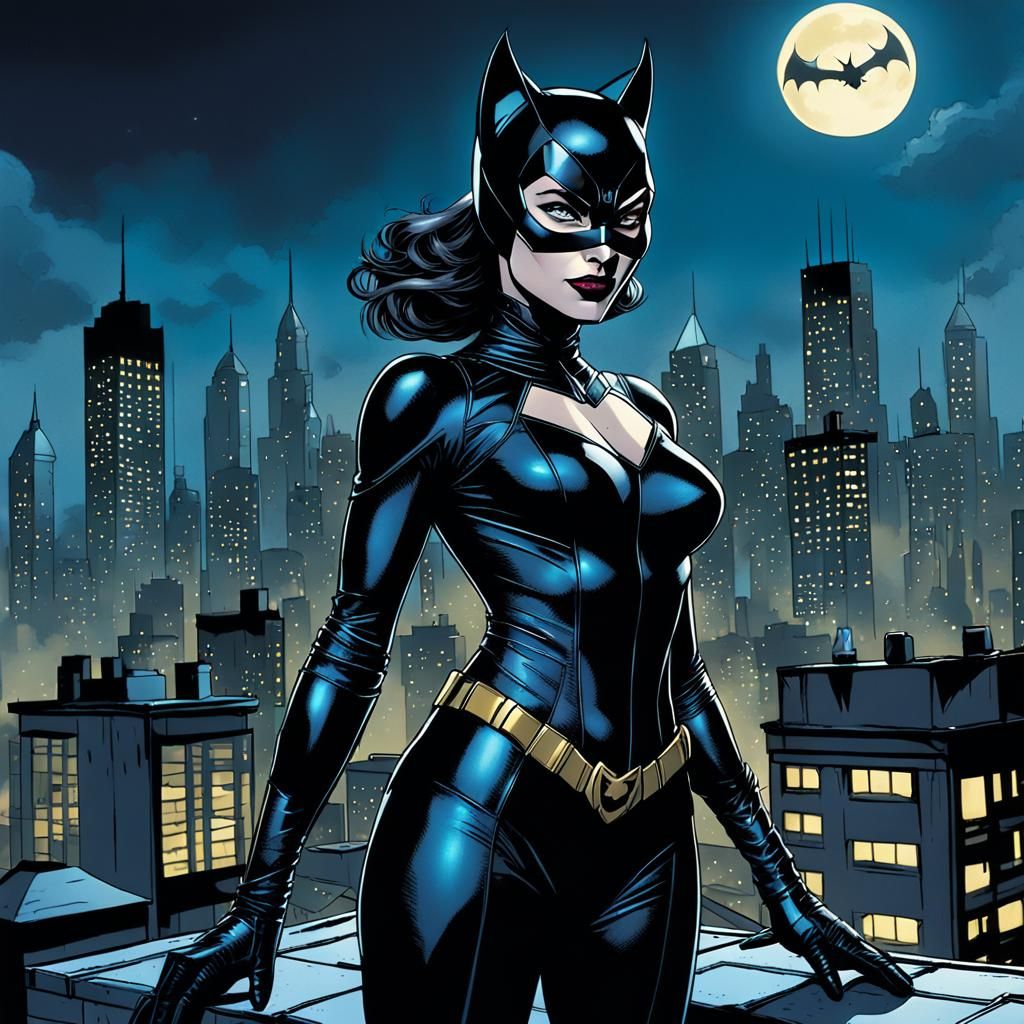 Catwoman on Gotham Rooftop in Gothic Comic Art Style