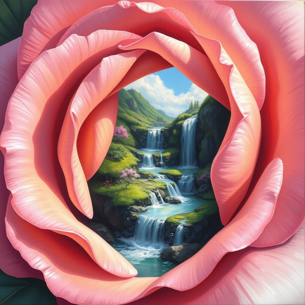 Waterfall in Rose: Whimsical Oil Painting