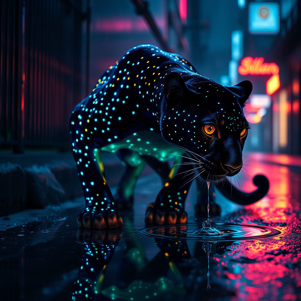 Bioluminescent Panther in Cyberpunk Alleyway