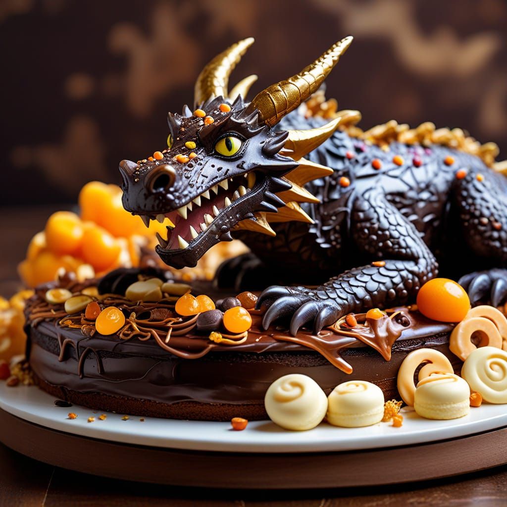 Chocolate Dragon on Sacher Torte: Macro Gouache Art