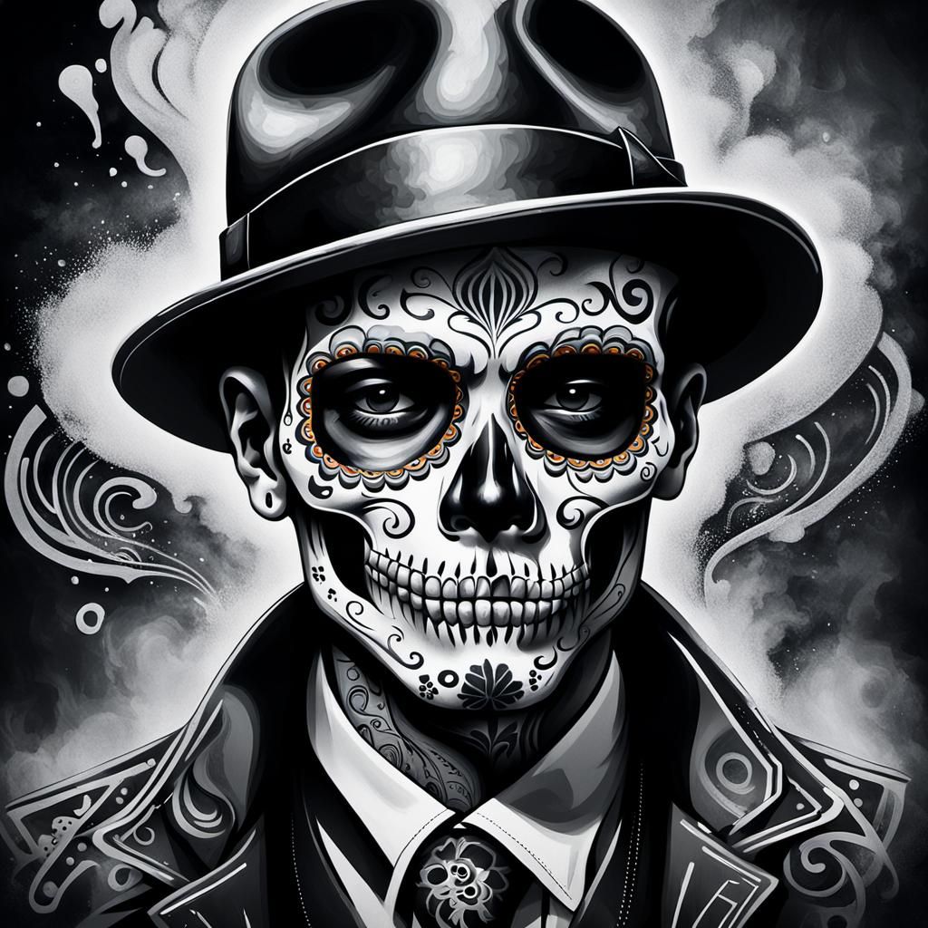 Edgy Sugar Skull Gangster Portrait in Urban Graffiti Style