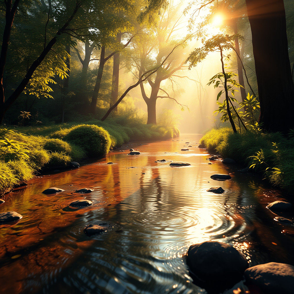 Mystical Stream Reflecting Sunlight in Lush Forest