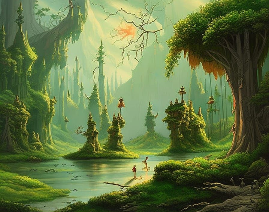 Enchanted Forest with Fairies in Ink Painting Style