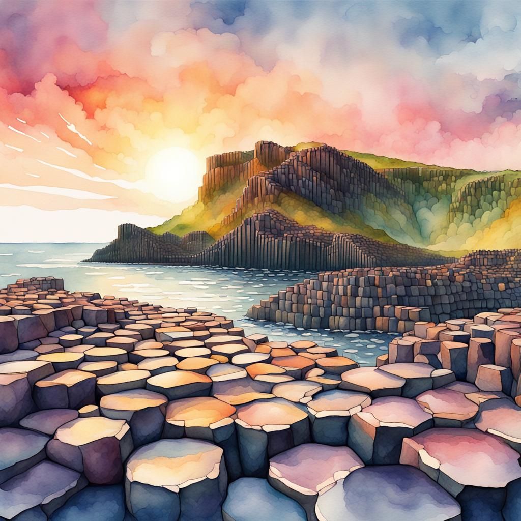 Sunrise Over Giant's Causeway in Watercolor Style