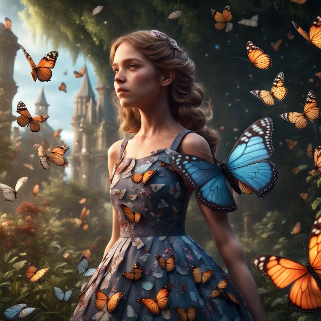 Girl in Butterfly Dress in a Fantastical Garden