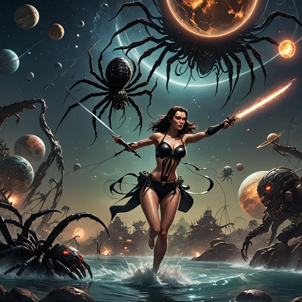 Woman Battles Spider Aliens Under Starry Sky