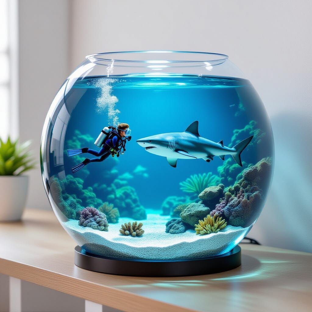 Diver and Shark Swim in Round Aquarium on Shelf