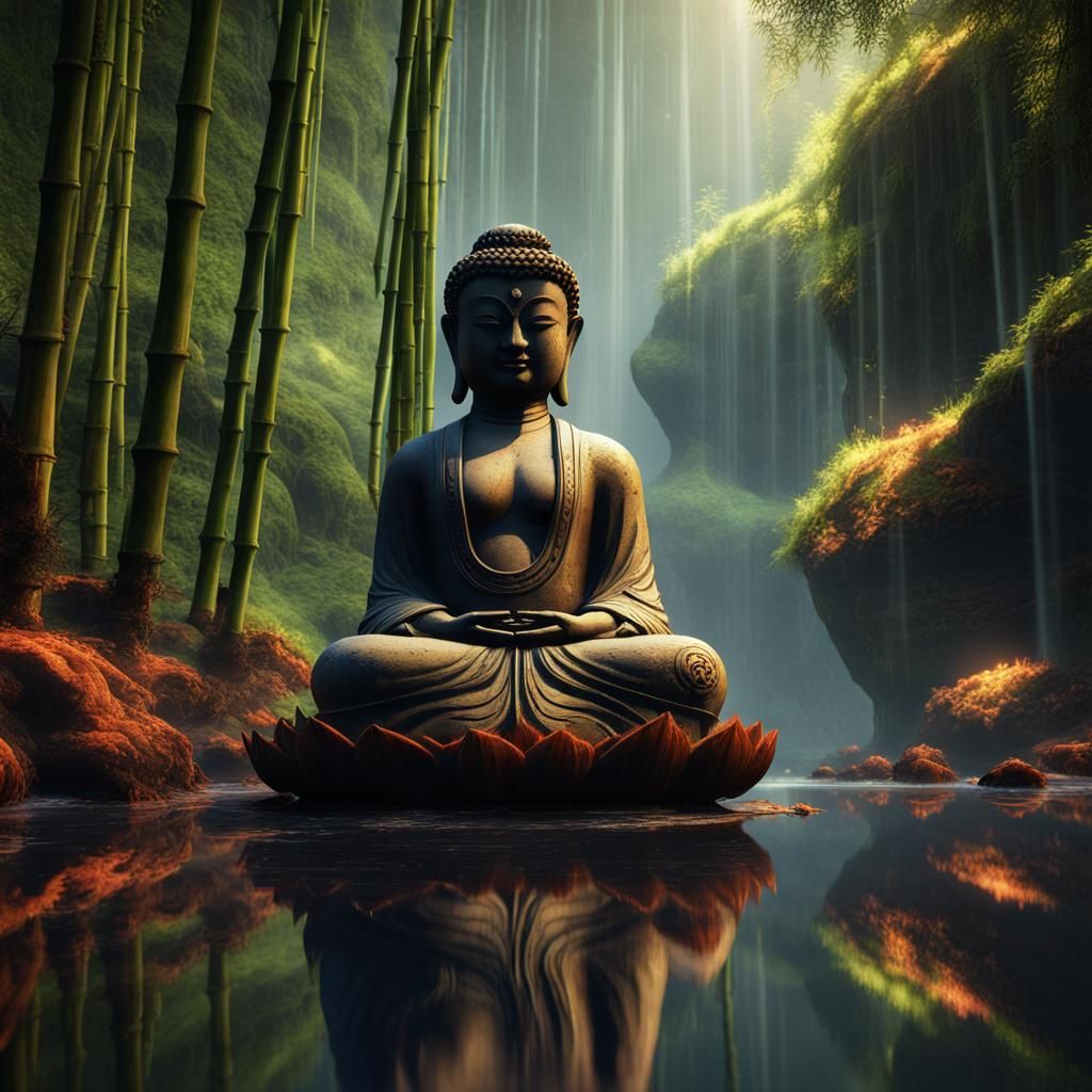 Stone Buddha in Rain and Firelight Reflection