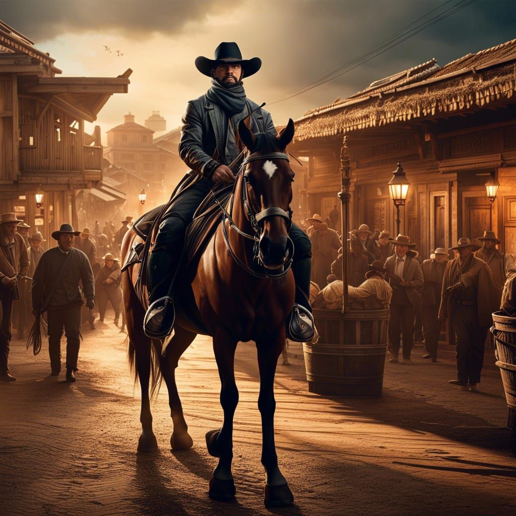 Cowboy Pursues Bandit in Western Town, Digital Art