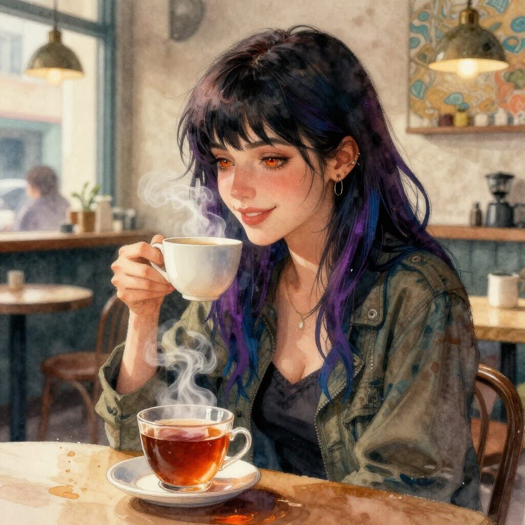 Woman with Piercings Enjoys Tea in Watercolor Style