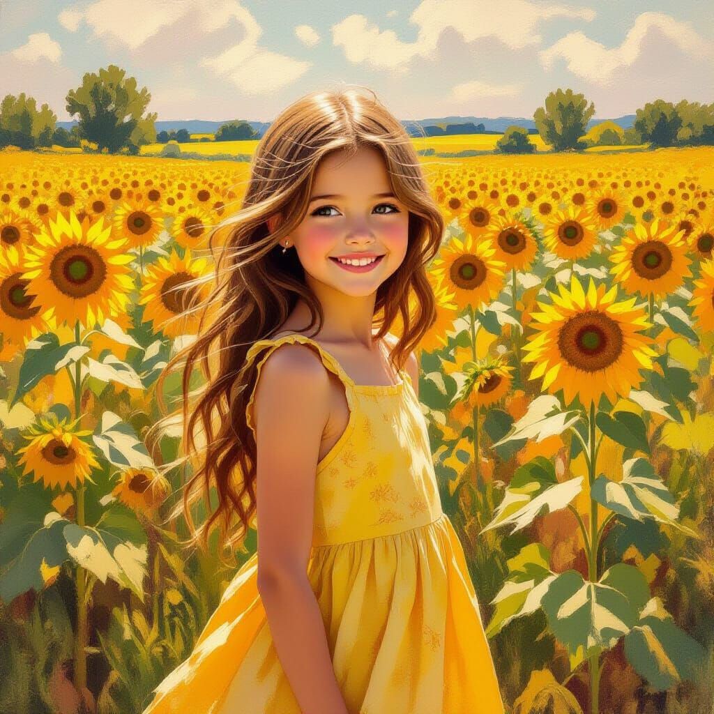 Girl in Sunflower Field, Auburn Hair, Monet & Klimt Style